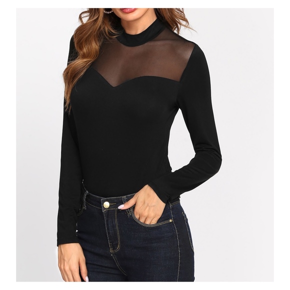 MBM Unlimited Tops - Black Long Sleeve Mesh Neckline Solid Tee